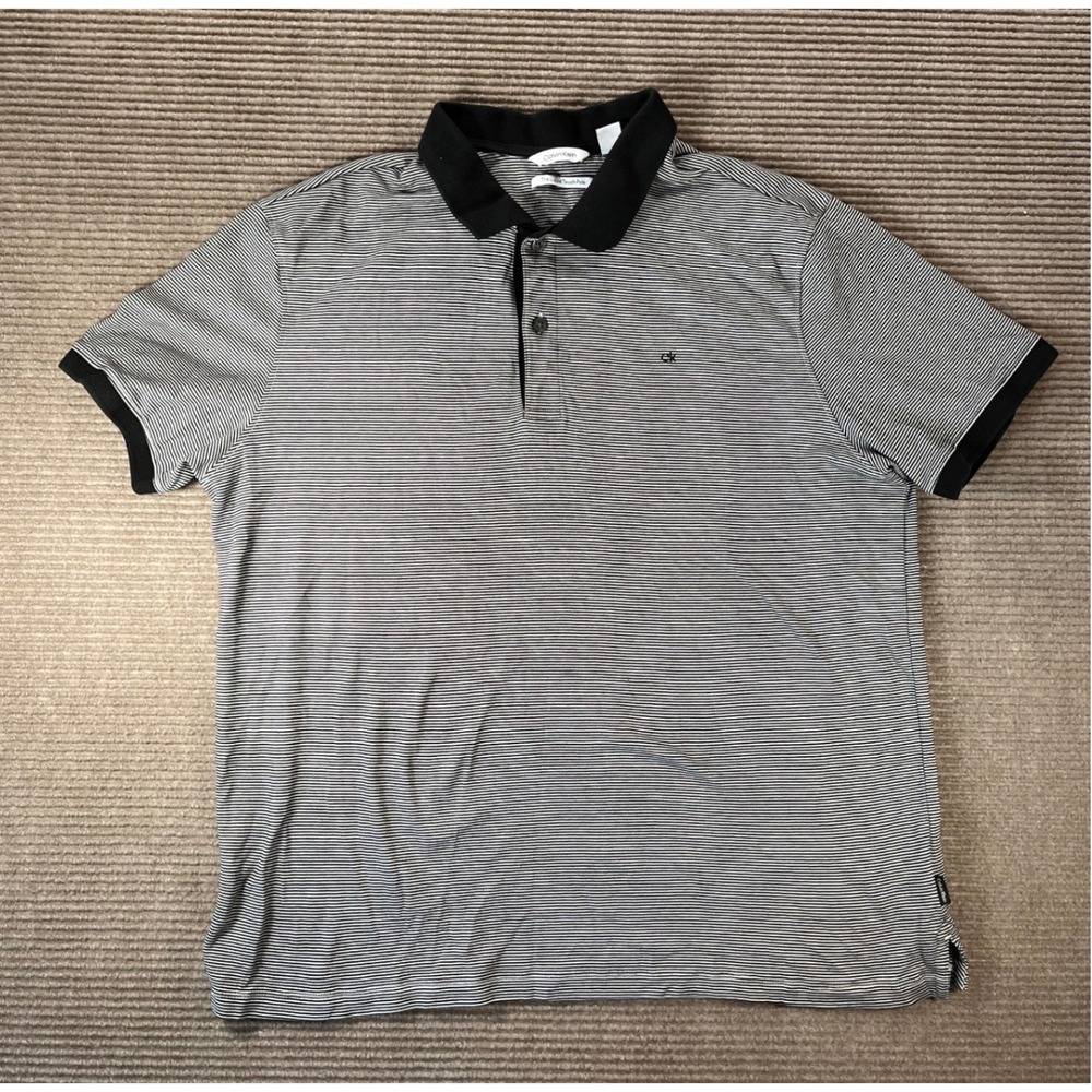 Calvin Klein Mens Liquid Touch Polo‎ Shirt Black White Micro Stripe Size L Large